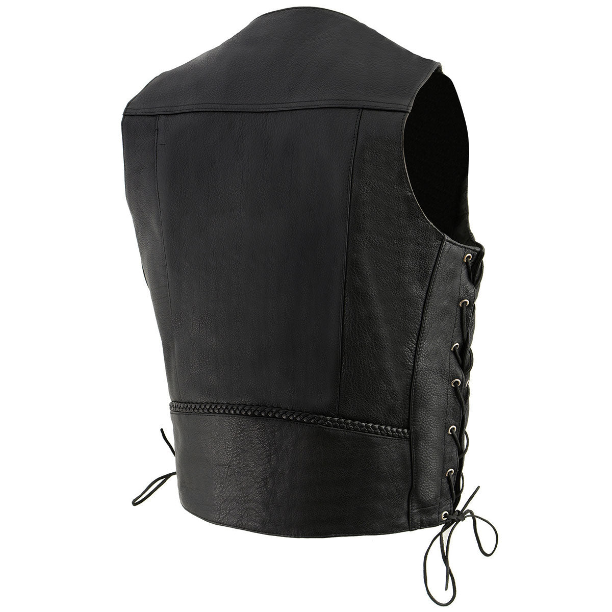 ML1359 Men's Black Premium Leather Side Lace Motorcycle Rider Vest w/ Buffalo Nickel Snaps Closure