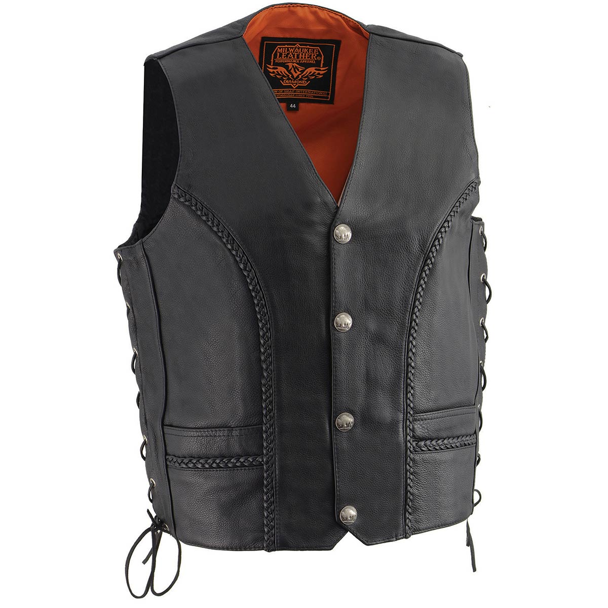 ML1359 Men's Black Premium Leather Side Lace Motorcycle Rider Vest w/ Buffalo Nickel Snaps Closure