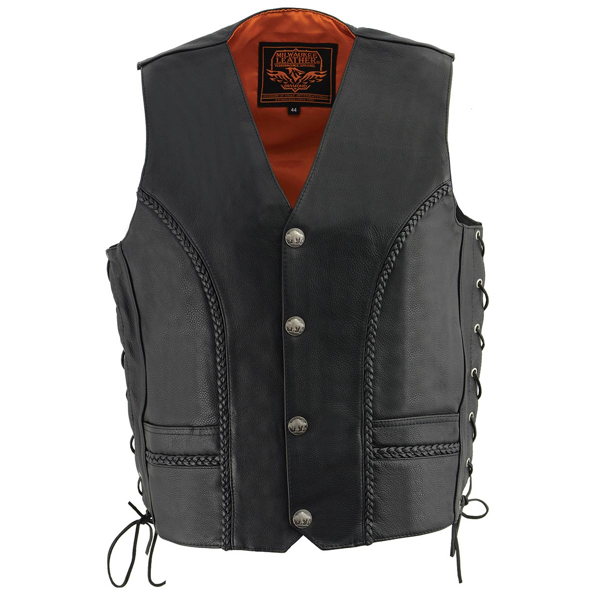 ML1359 Men's Black Premium Leather Side Lace Motorcycle Rider Vest w/ Buffalo Nickel Snaps Closure