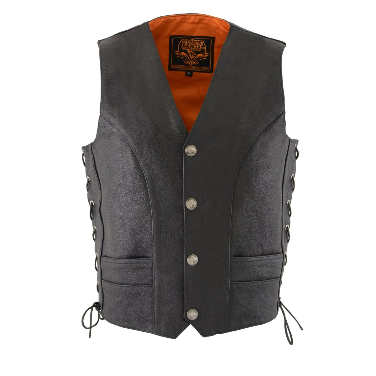 ML1369 Men's Black Premium Leather Side Lace Motorcycle Rider Vest w/ Buffalo Nickel Snaps Closure