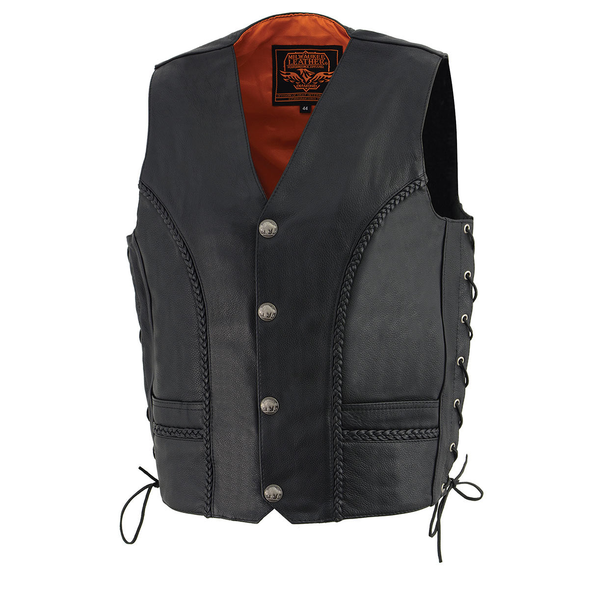 ML1359 Men's Black Premium Leather Side Lace Motorcycle Rider Vest w/ Buffalo Nickel Snaps Closure