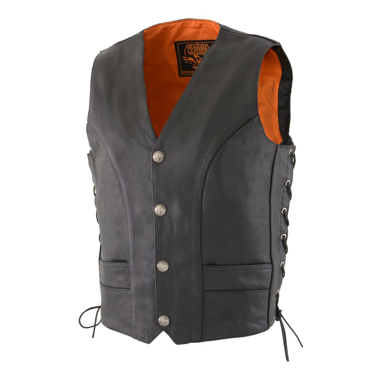 ML1369 Men's Black Premium Leather Side Lace Motorcycle Rider Vest w/ Buffalo Nickel Snaps Closure
