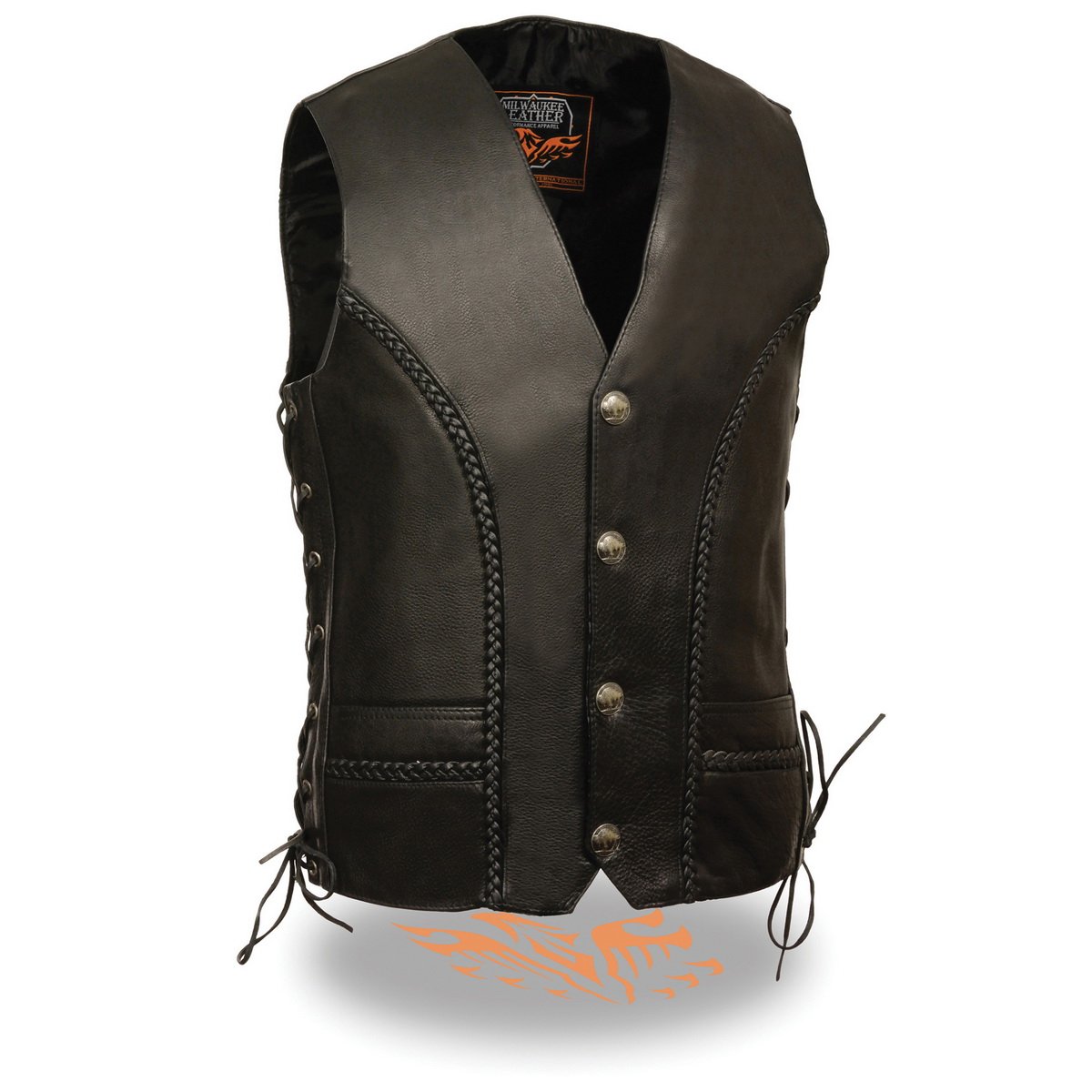ML1359 Men's Black Premium Leather Side Lace Motorcycle Rider Vest w/ Buffalo Nickel Snaps Closure