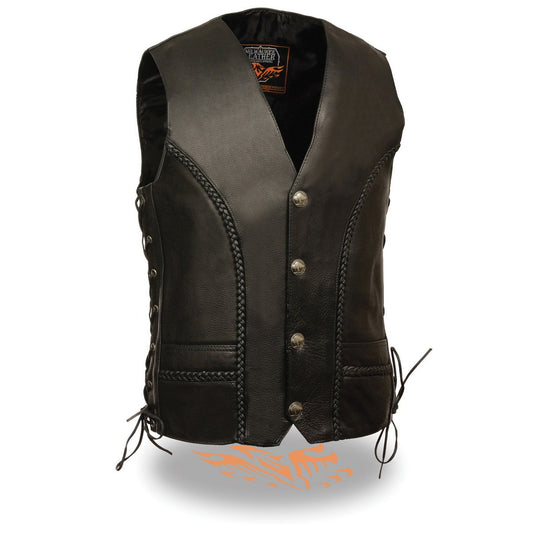ML1359 Men's Black Premium Leather Side Lace Motorcycle Rider Vest w/ Buffalo Nickel Snaps Closure