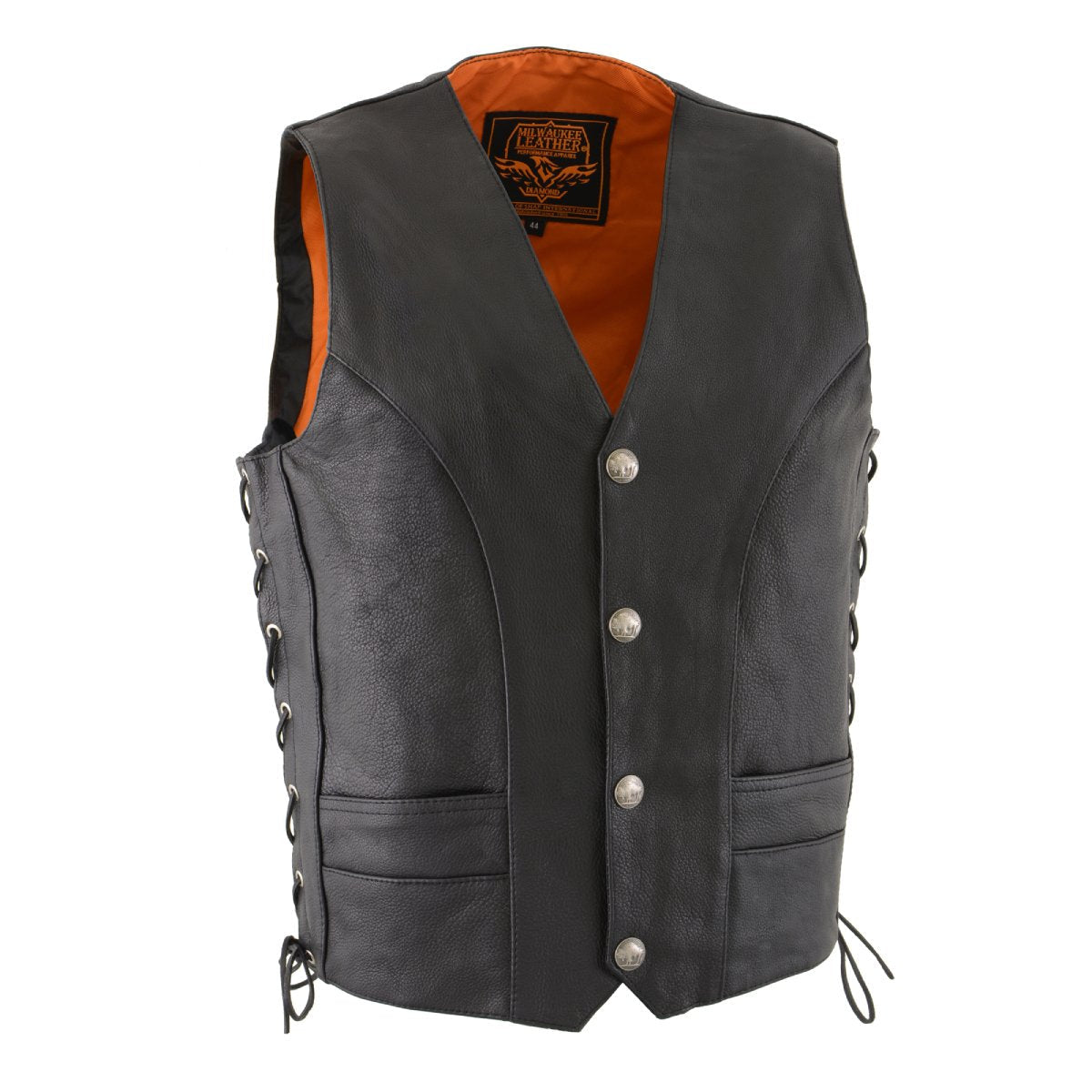 ML1369 Men's Black Premium Leather Side Lace Motorcycle Rider Vest w/ Buffalo Nickel Snaps Closure
