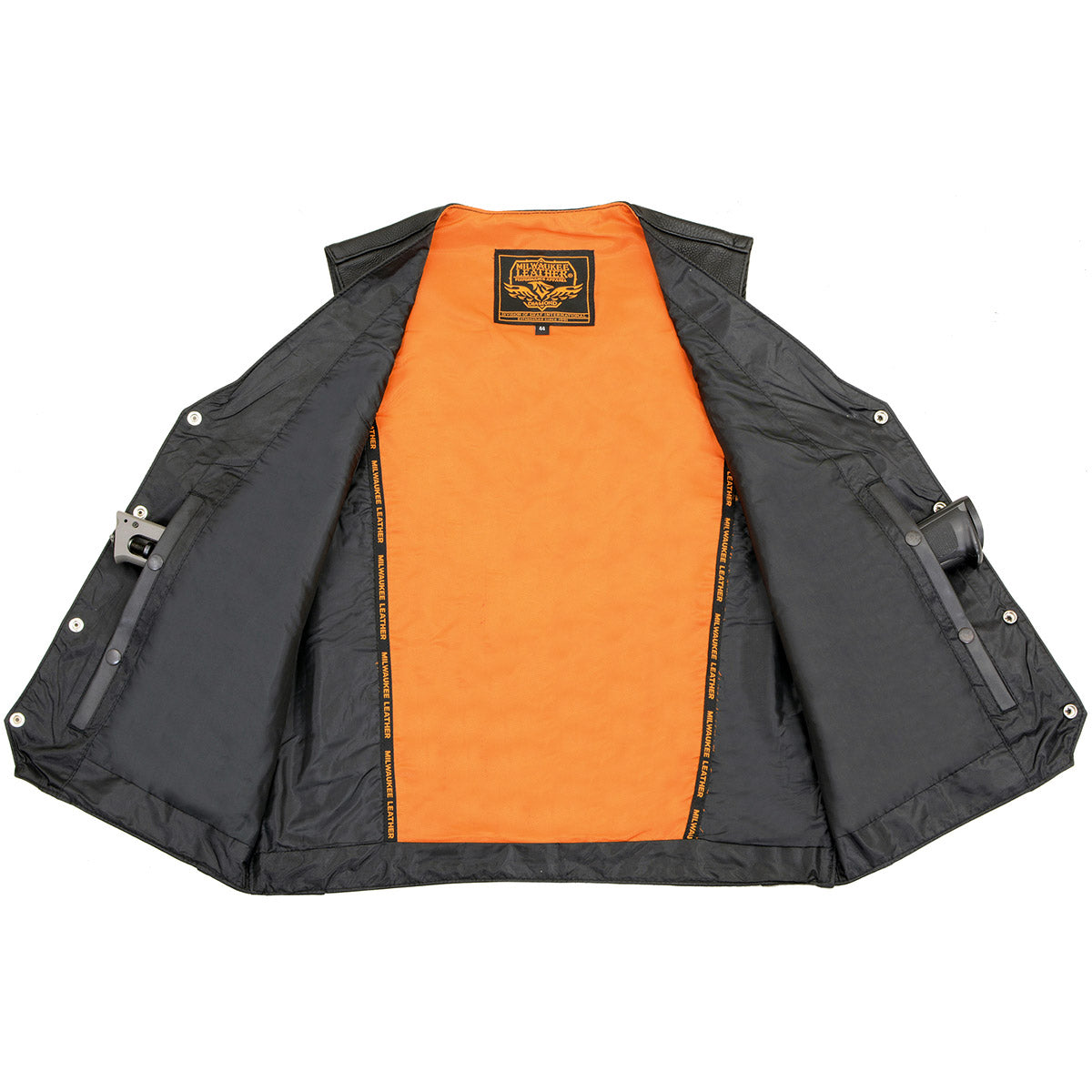 ML1368 Men's Black Premium Leather V-Neck Motorcycle Rider Vest w/ Buffalo Nickel Snaps Closure