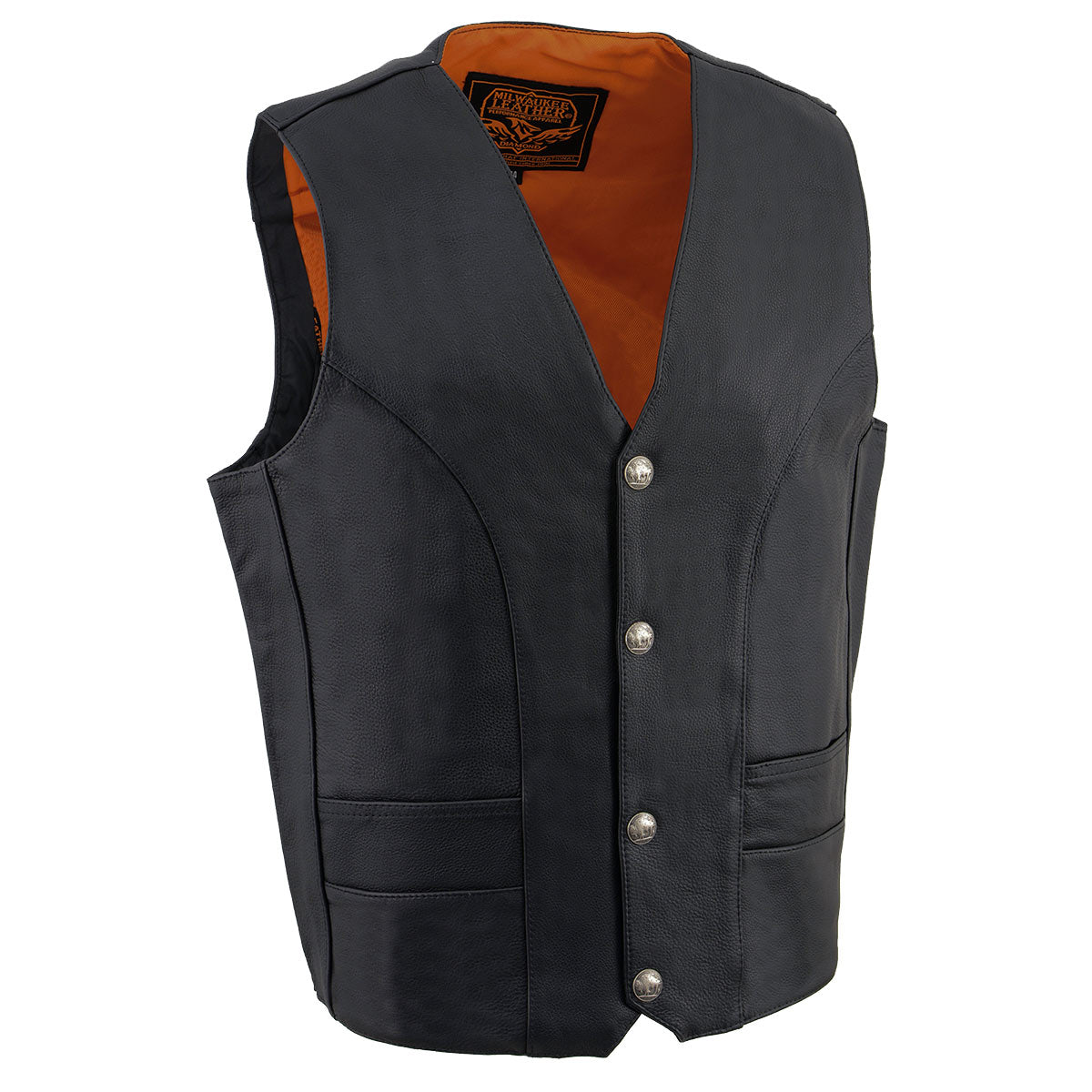ML1368 Men's Black Premium Leather V-Neck Motorcycle Rider Vest w/ Buffalo Nickel Snaps Closure