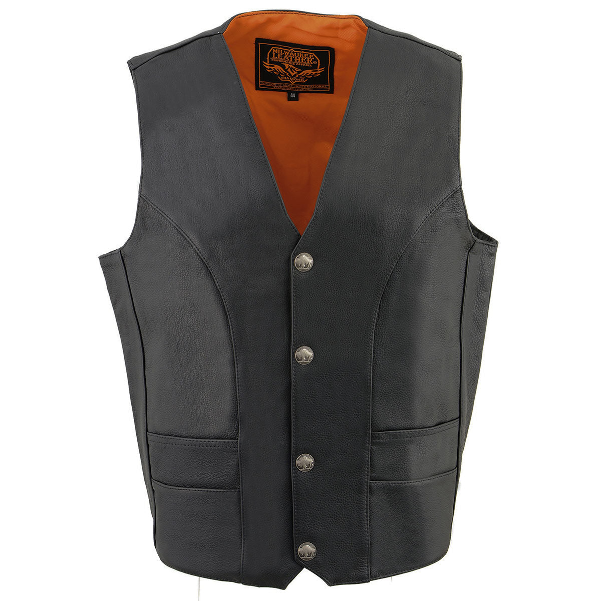 ML1368 Men's Black Premium Leather V-Neck Motorcycle Rider Vest w/ Buffalo Nickel Snaps Closure