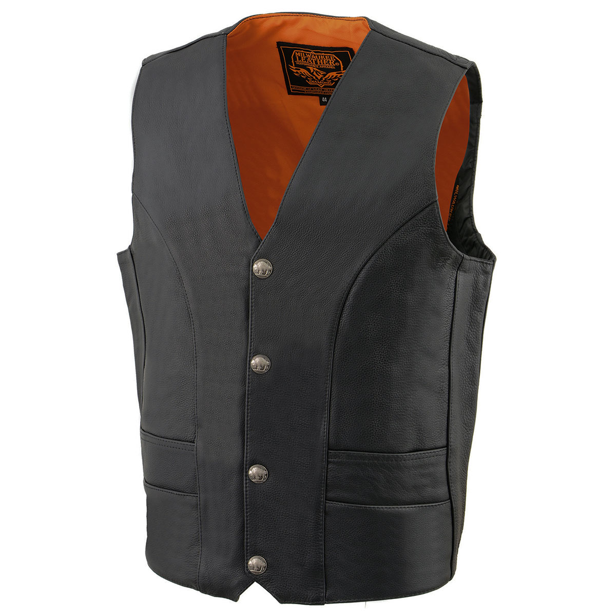 ML1368 Men's Black Premium Leather V-Neck Motorcycle Rider Vest w/ Buffalo Nickel Snaps Closure