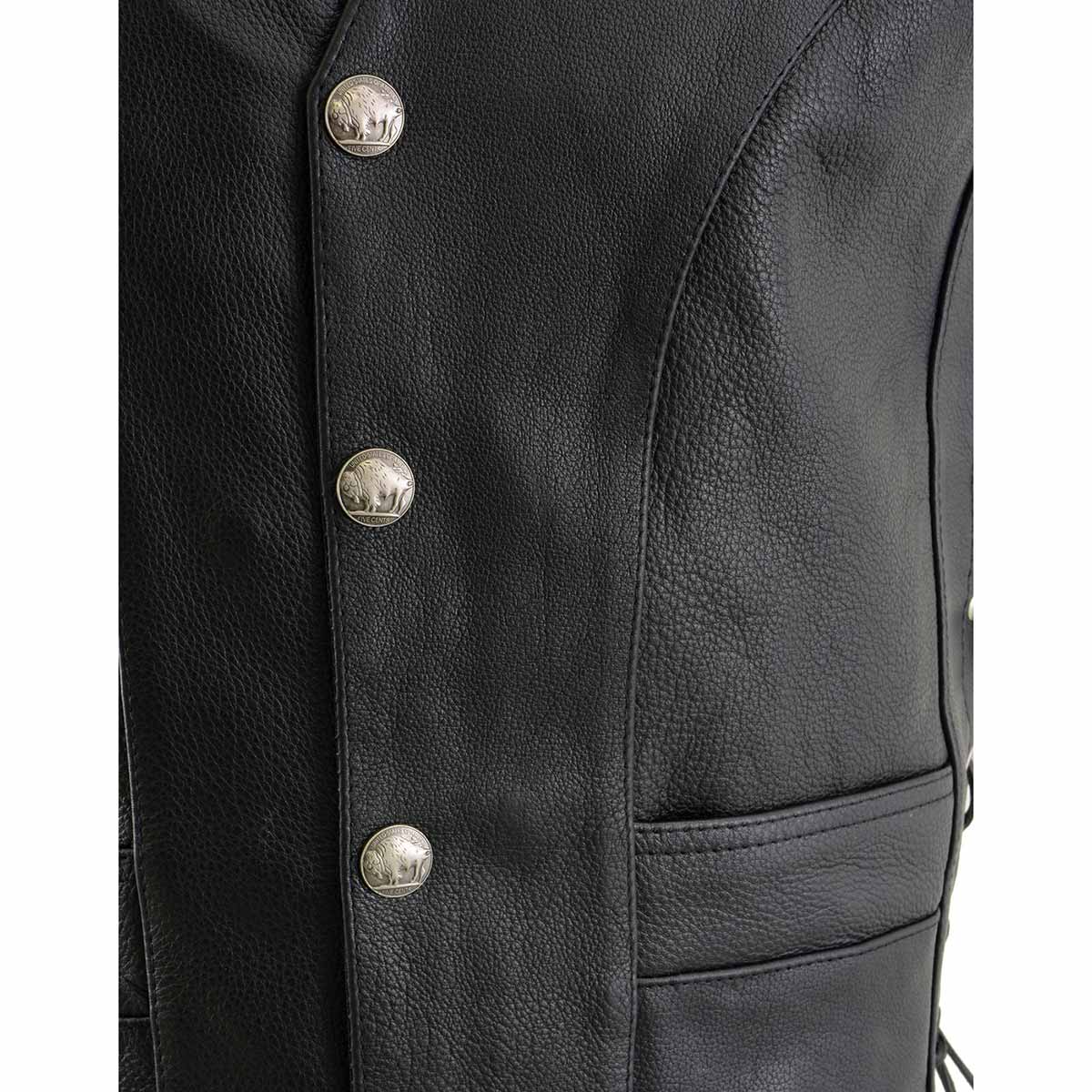 ML1369 Men's Black Premium Leather Side Lace Motorcycle Rider Vest w/ Buffalo Nickel Snaps Closure