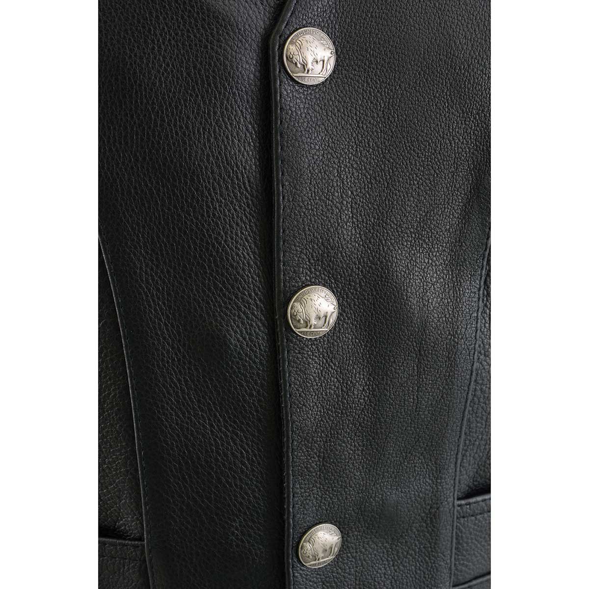 ML1369 Men's Black Premium Leather Side Lace Motorcycle Rider Vest w/ Buffalo Nickel Snaps Closure