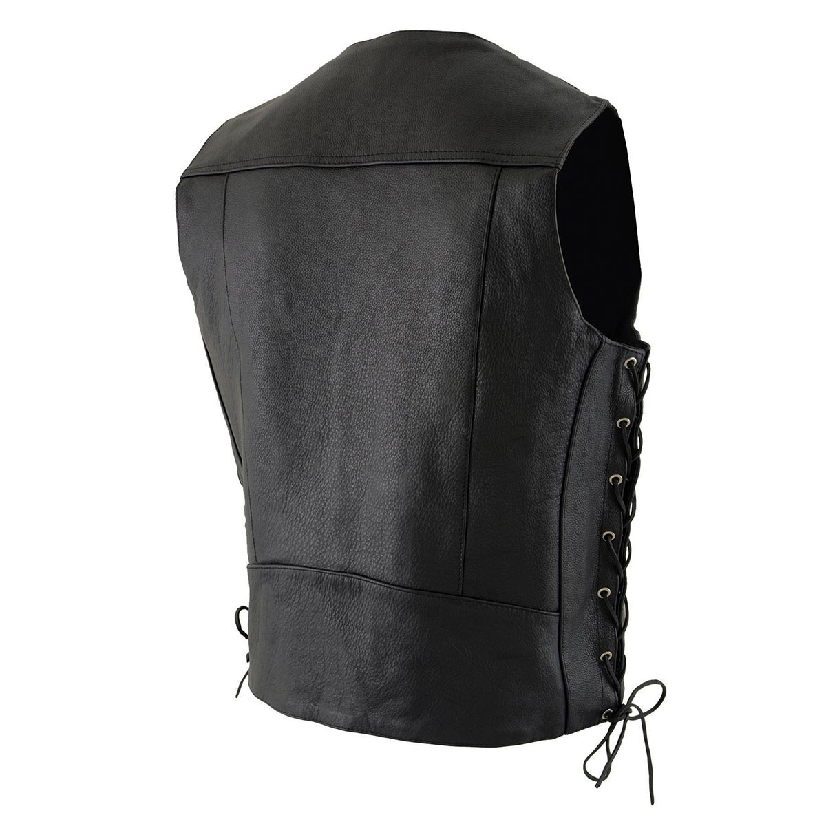 ML1369 Men's Black Premium Leather Side Lace Motorcycle Rider Vest w/ Buffalo Nickel Snaps Closure