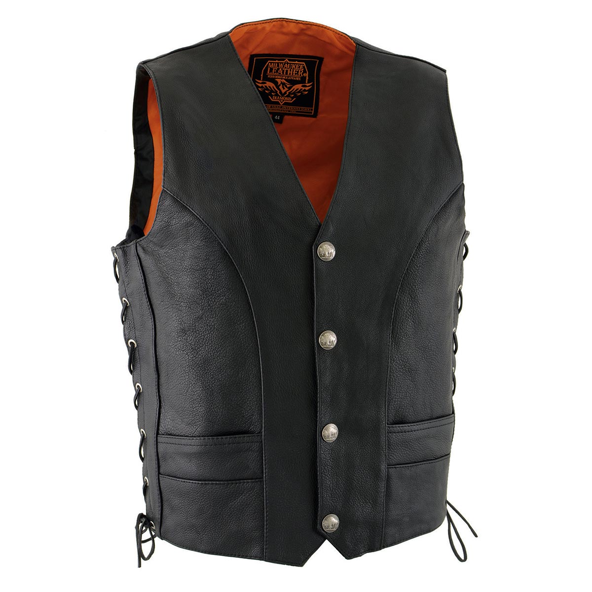 ML1369 Men's Black Premium Leather Side Lace Motorcycle Rider Vest w/ Buffalo Nickel Snaps Closure