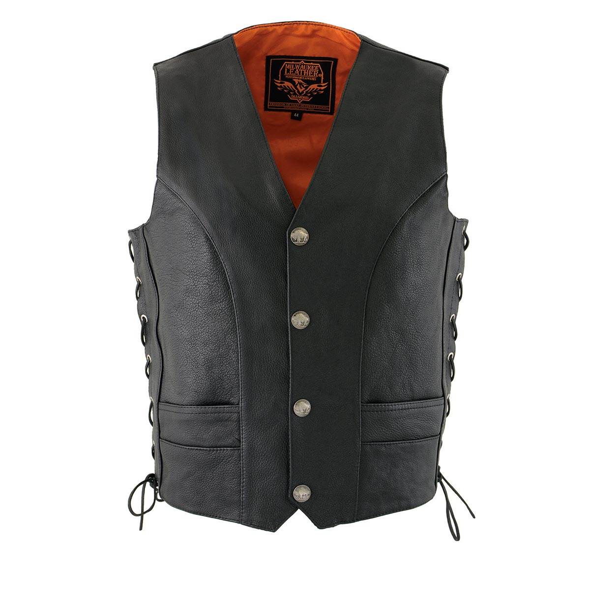 ML1369 Men's Black Premium Leather Side Lace Motorcycle Rider Vest w/ Buffalo Nickel Snaps Closure