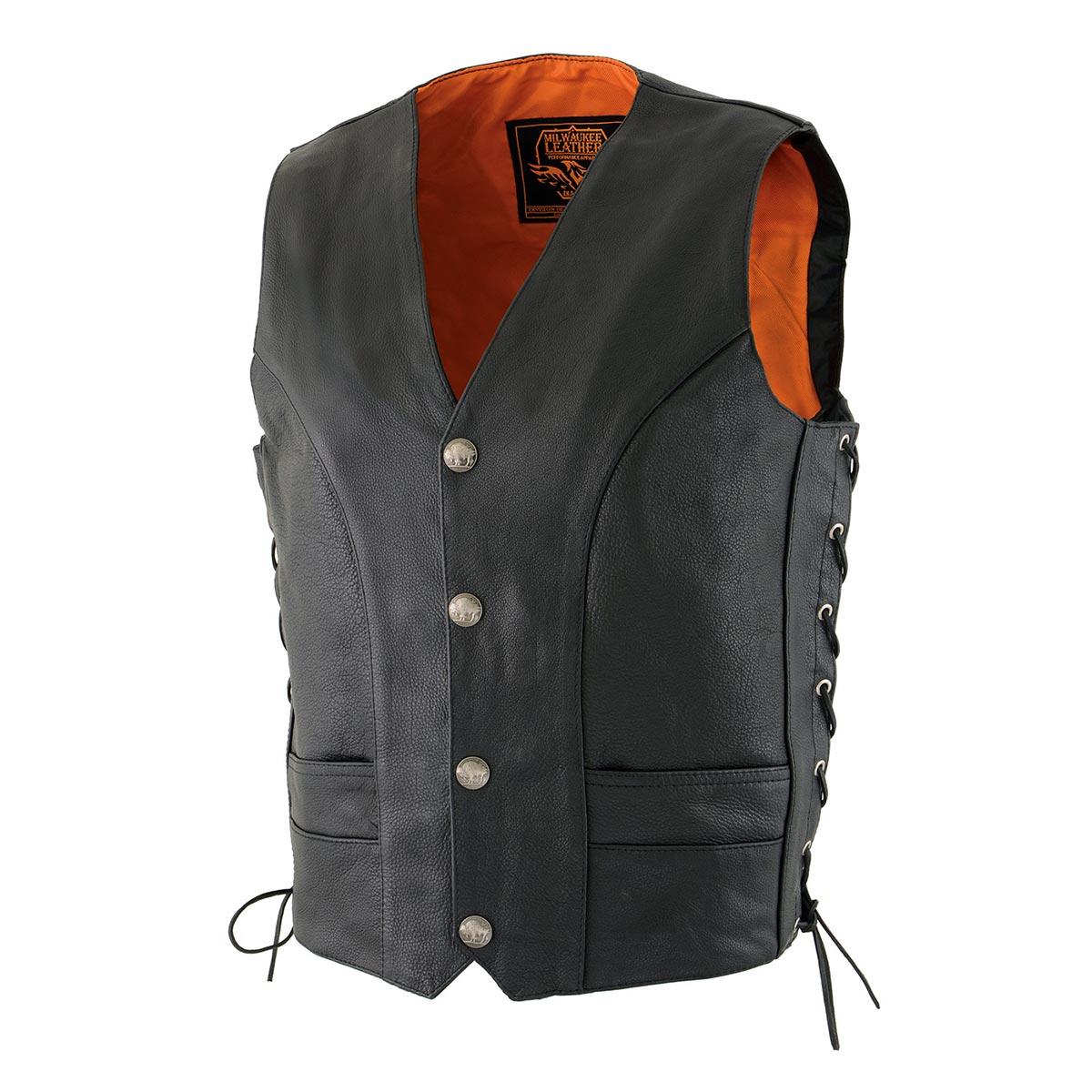 ML1369 Men's Black Premium Leather Side Lace Motorcycle Rider Vest w/ Buffalo Nickel Snaps Closure