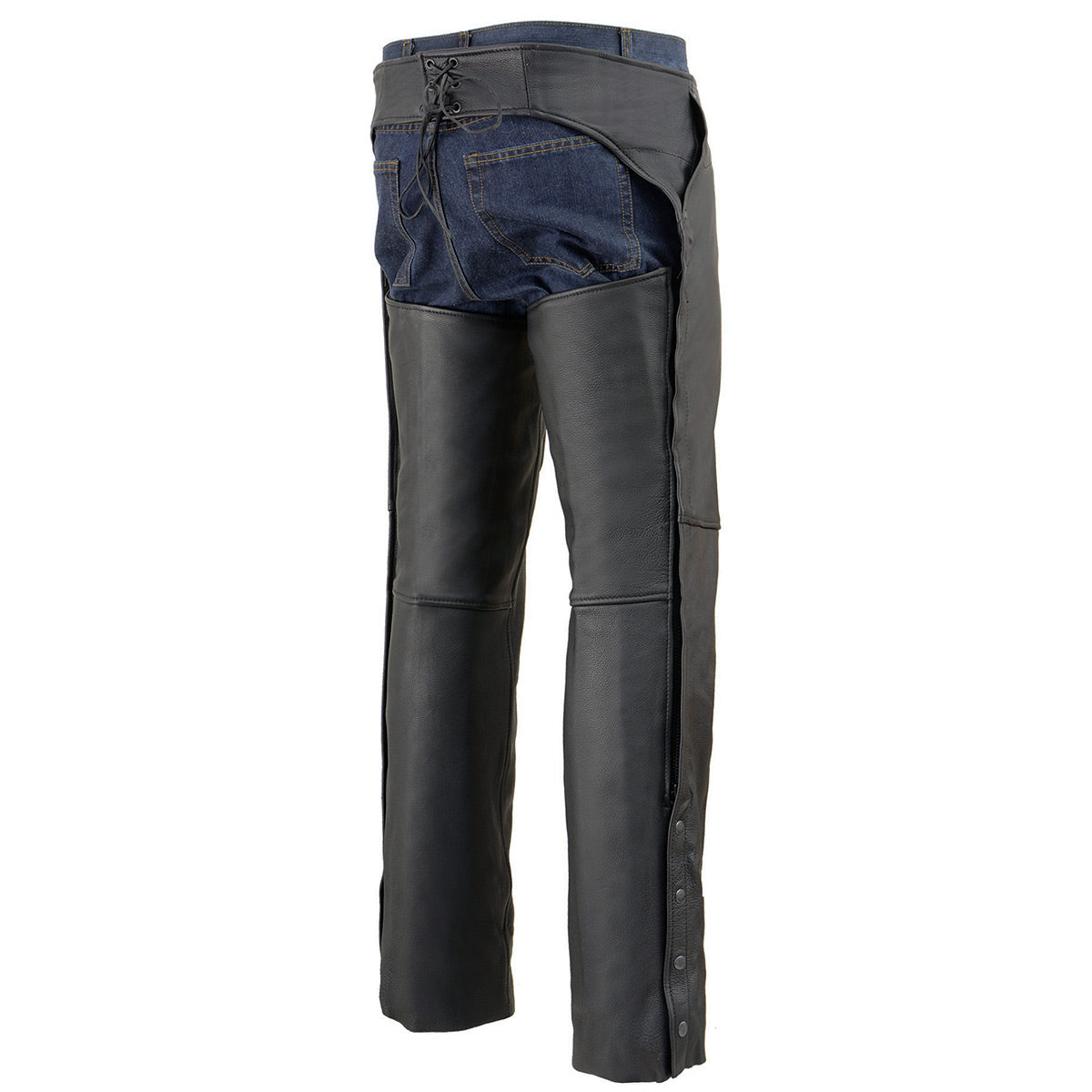 Men's Black Premium Leather Motorcycle Rider Chaps w/ Front 3-Pockets - Thigh Patch Pocket-ML1766