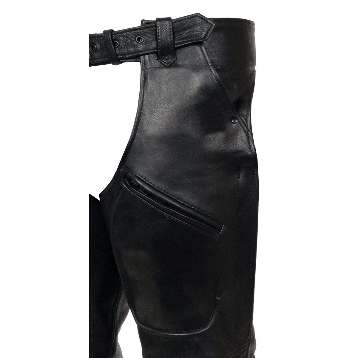 Men's Black Premium Leather Motorcycle Rider Chaps w/ Front 3-Pockets - Thigh Patch Pocket-ML1766