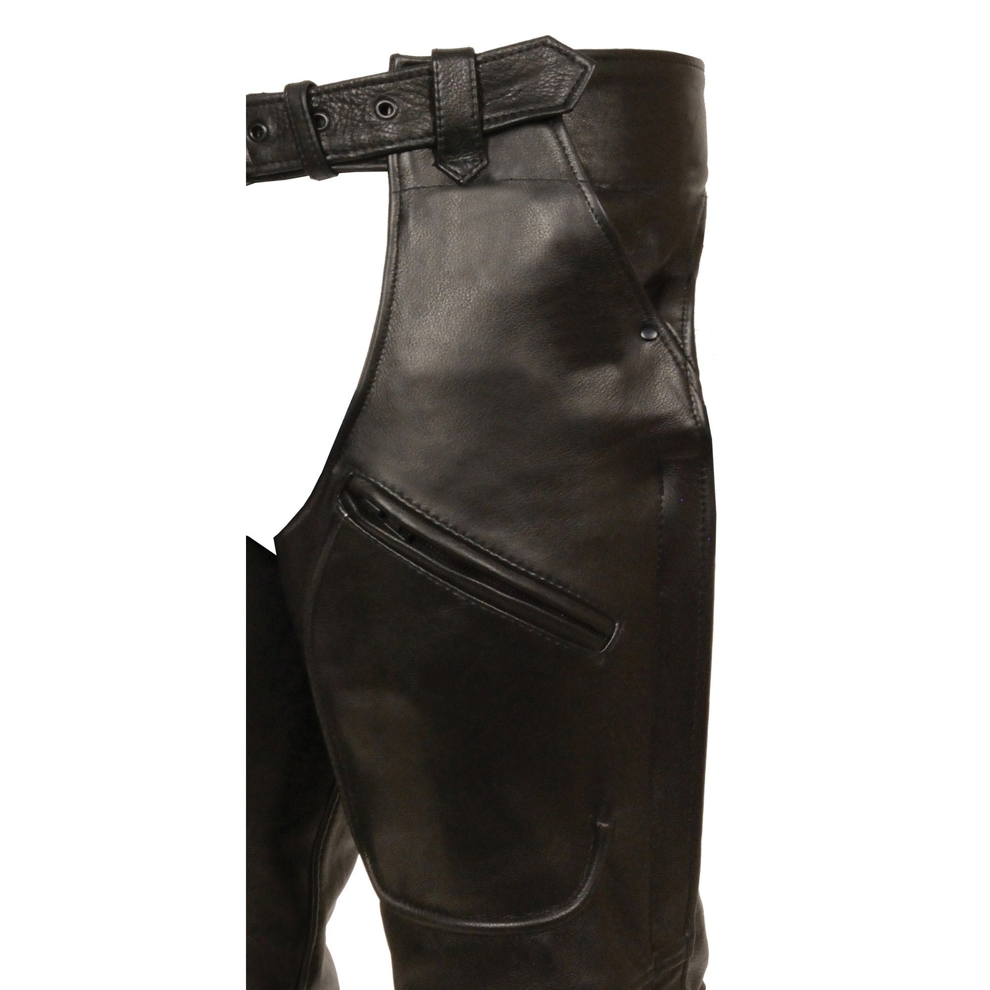 Men's Black Premium Leather Motorcycle Rider Chaps w/ Front 3-Pockets - Thigh Patch Pocket-ML1766