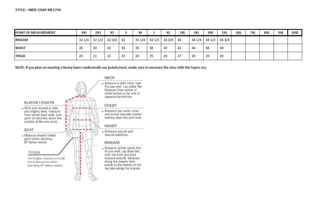 Men's Black Premium Leather Motorcycle Rider Chaps w/ Front 3-Pockets - Thigh Patch Pocket-ML1766