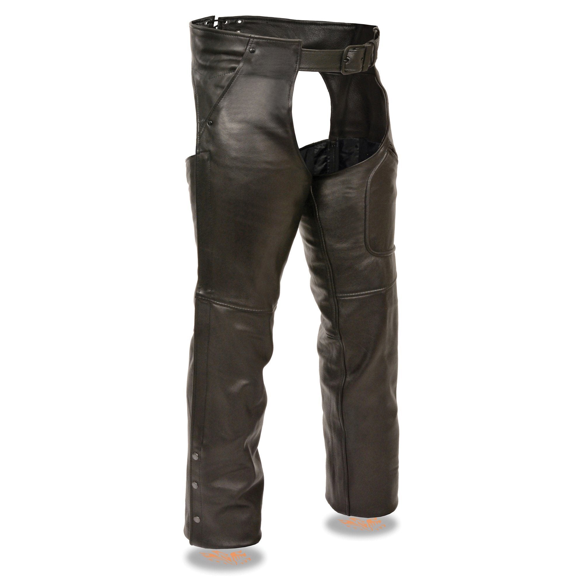 Men's Black Premium Leather Motorcycle Rider Chaps w/ Front 3-Pockets - Thigh Patch Pocket-ML1766