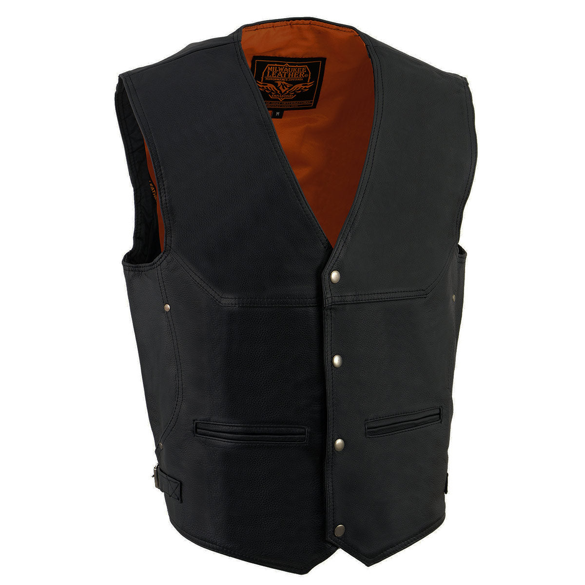 ML1927 Men's Black Premium Leather Side Buckle Motorcycle Rider Vest w/ Eagle Nickel Snaps Closure