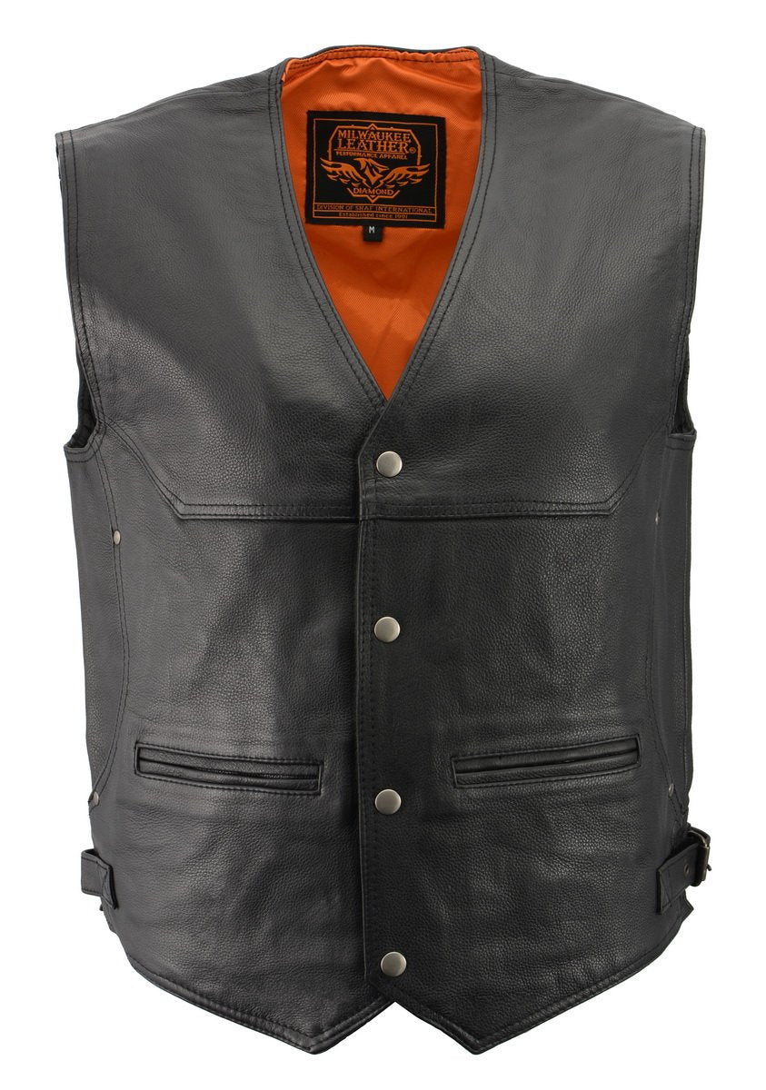ML1927 Men's Black Premium Leather Side Buckle Motorcycle Rider Vest w/ Eagle Nickel Snaps Closure