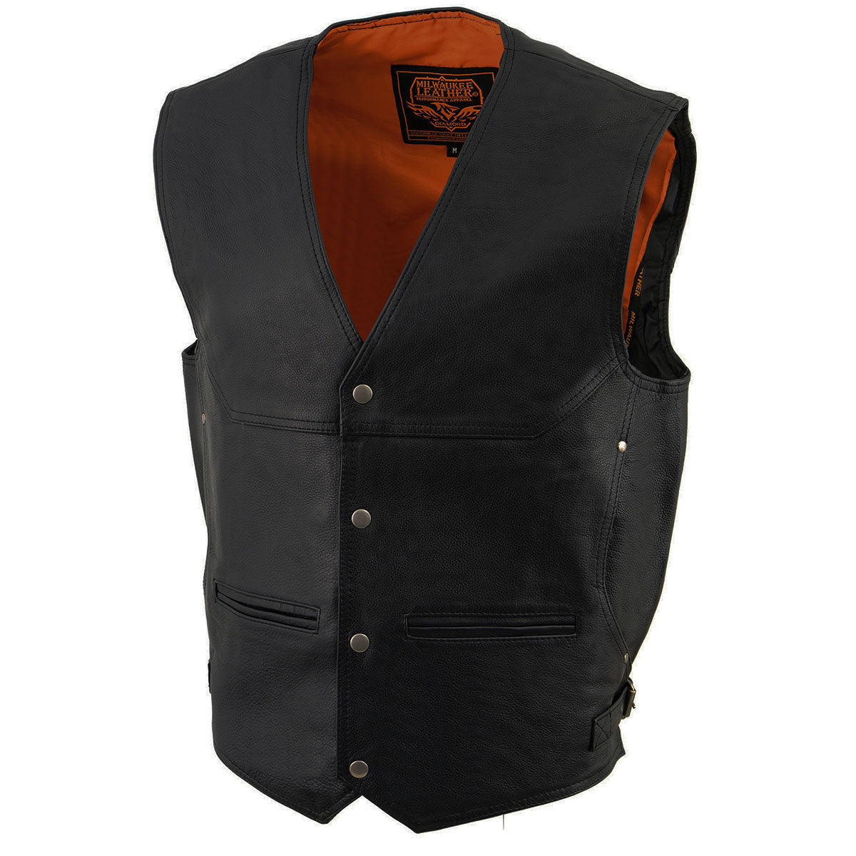 ML1927 Men's Black Premium Leather Side Buckle Motorcycle Rider Vest w/ Eagle Nickel Snaps Closure