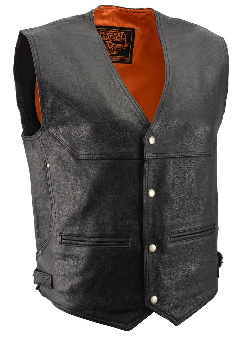 ML1927 Men's Black Premium Leather Side Buckle Motorcycle Rider Vest w/ Eagle Nickel Snaps Closure