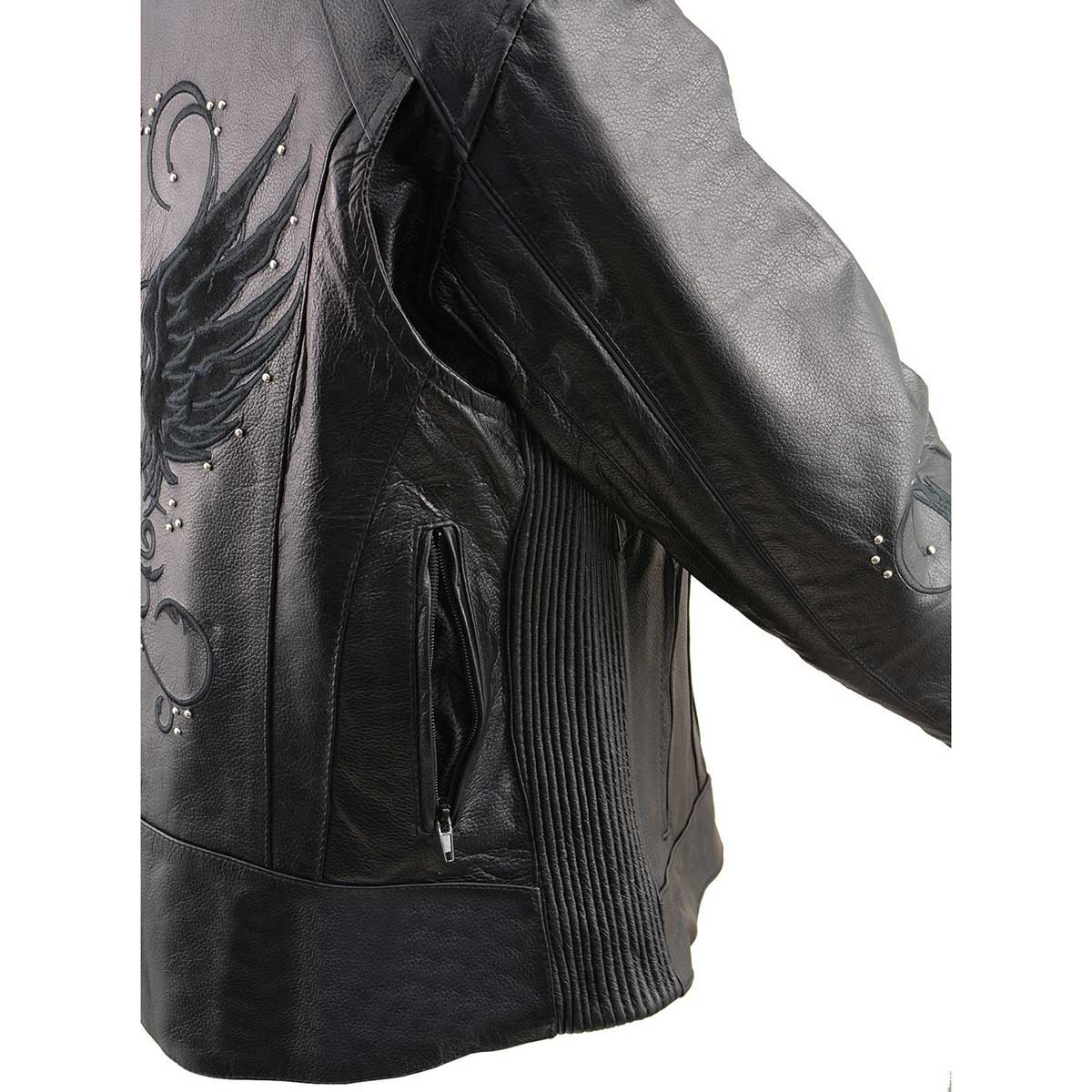 ML1952 Women's Black 'Embroidered Wing and Stud Design' Leather Scooter Jacket