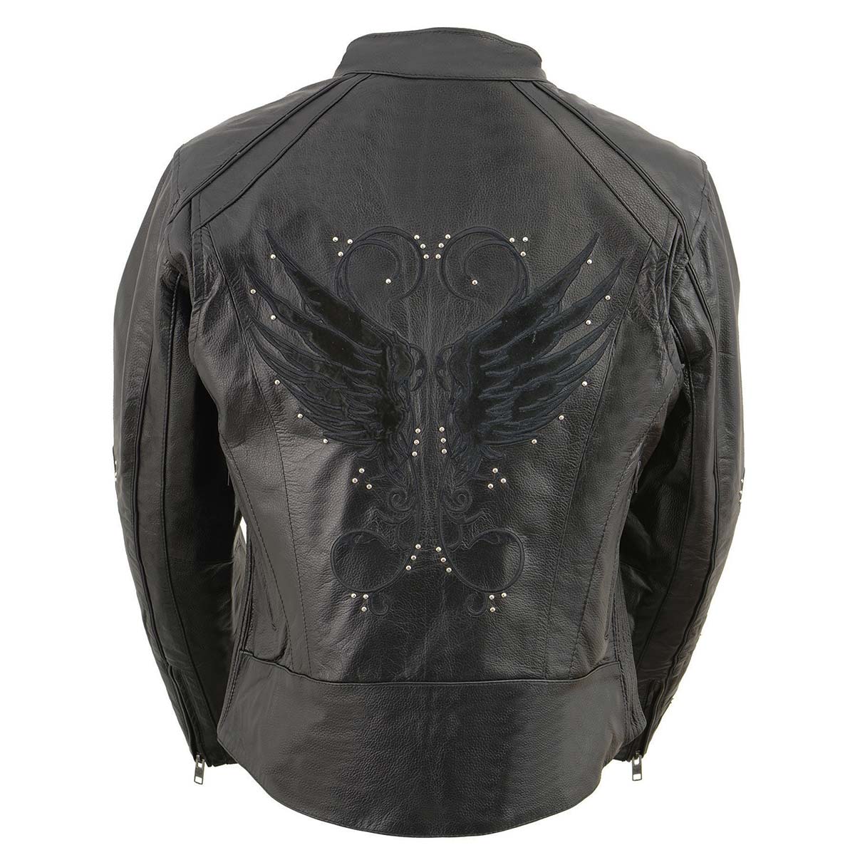 ML1952 Women's Black 'Embroidered Wing and Stud Design' Leather Scooter Jacket