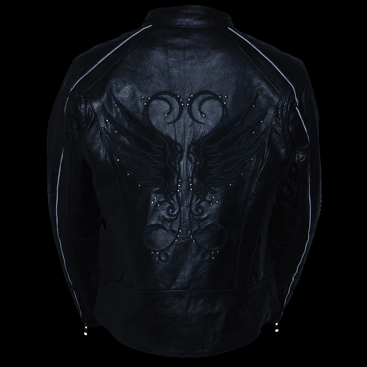 ML1952 Women's Black 'Embroidered Wing and Stud Design' Leather Scooter Jacket