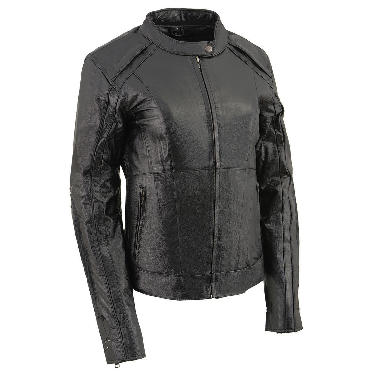 ML1952 Women's Black 'Embroidered Wing and Stud Design' Leather Scooter Jacket