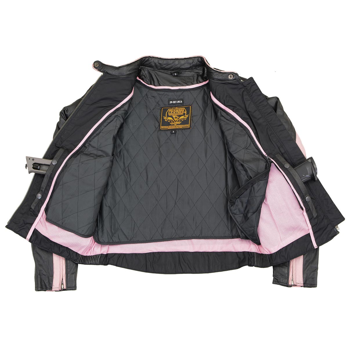 ML1952 Women's Black and Pink Embroidered and Stud Design Scooter Jacket