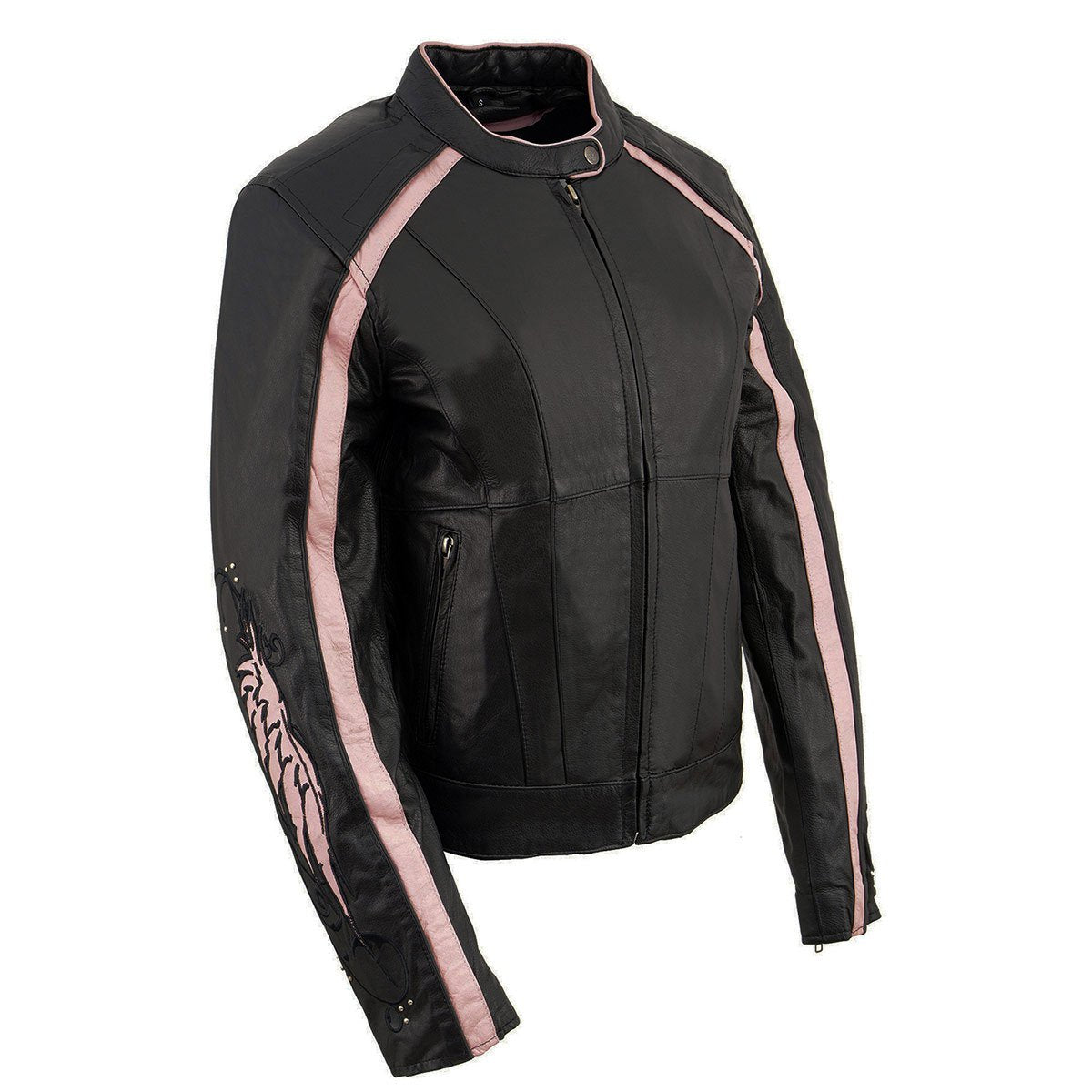 X1952 Women's Black and Pink Embroidered and Stud Design Jacket