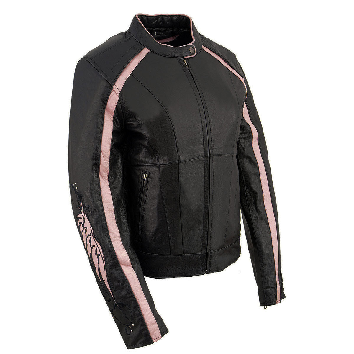 X1952 Women's Black and Pink Embroidered and Stud Design Jacket