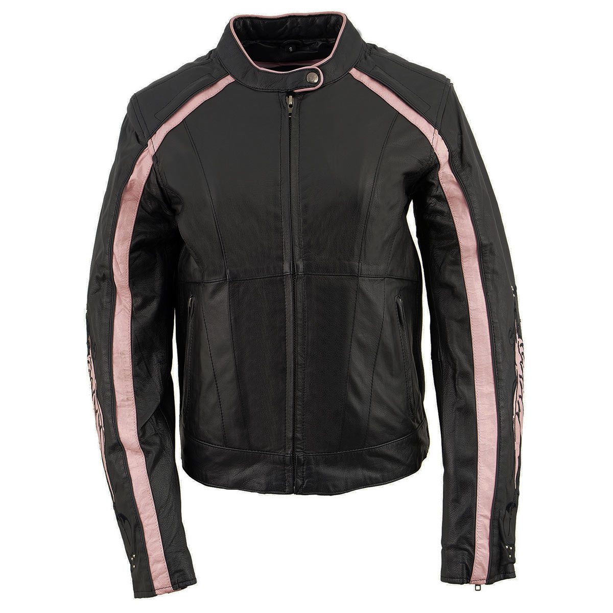 X1952 Women's Black and Pink Embroidered and Stud Design Jacket