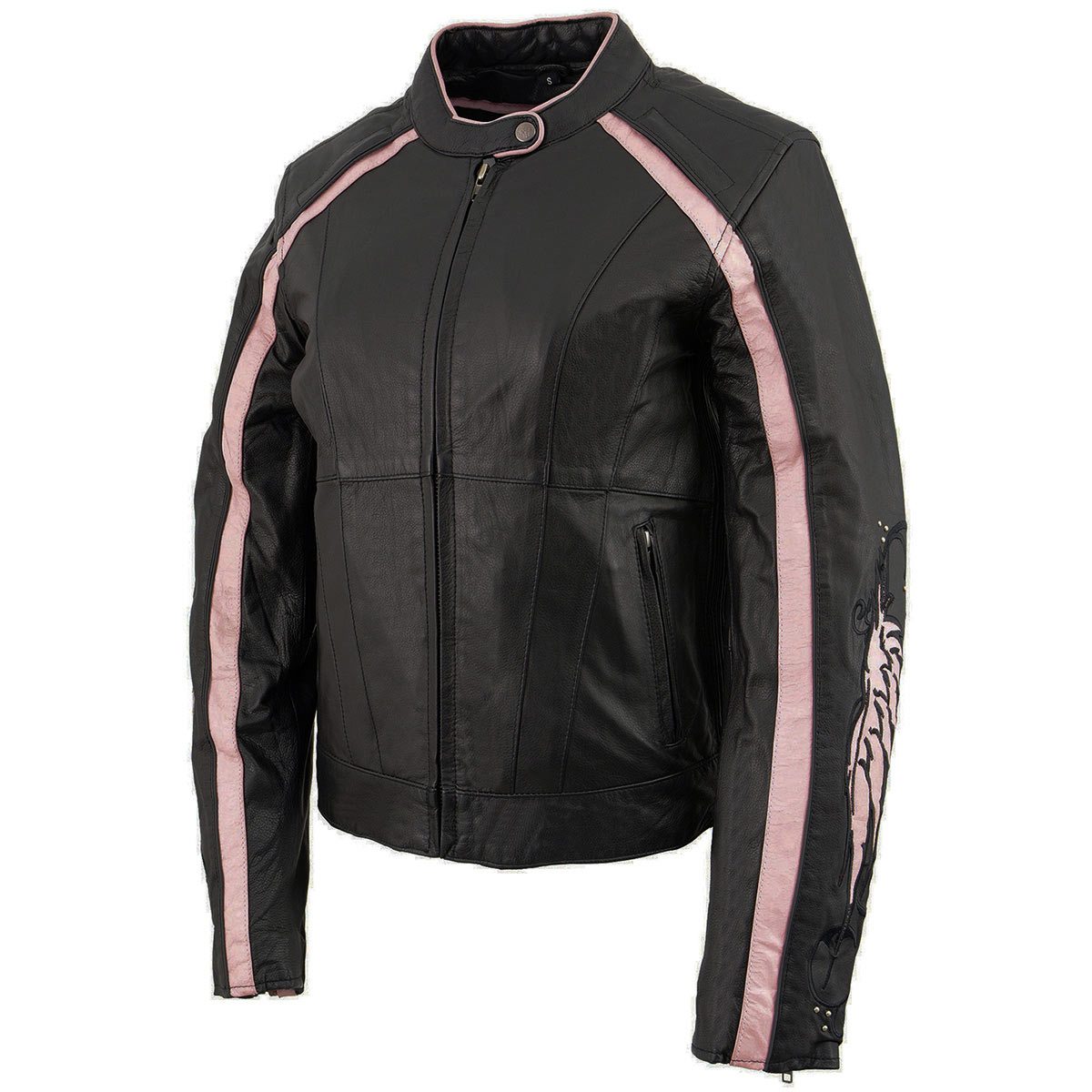 X1952 Women's Black and Pink Embroidered and Stud Design Jacket