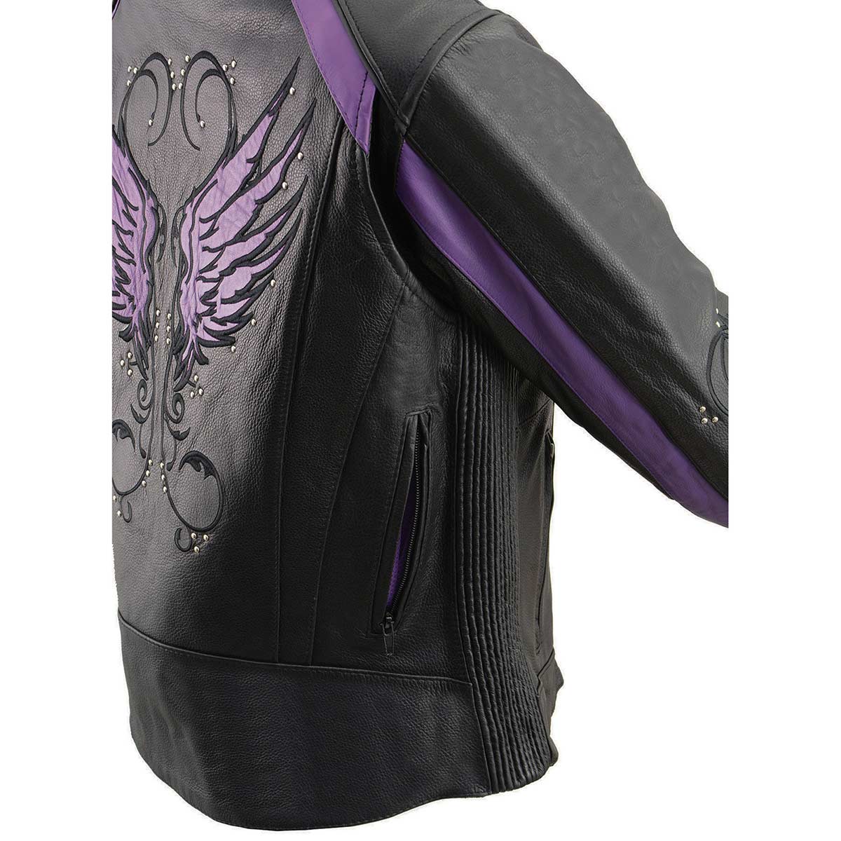 ML1952 Women's Black and Purple Embroidered and Stud Design Scooter Jacket