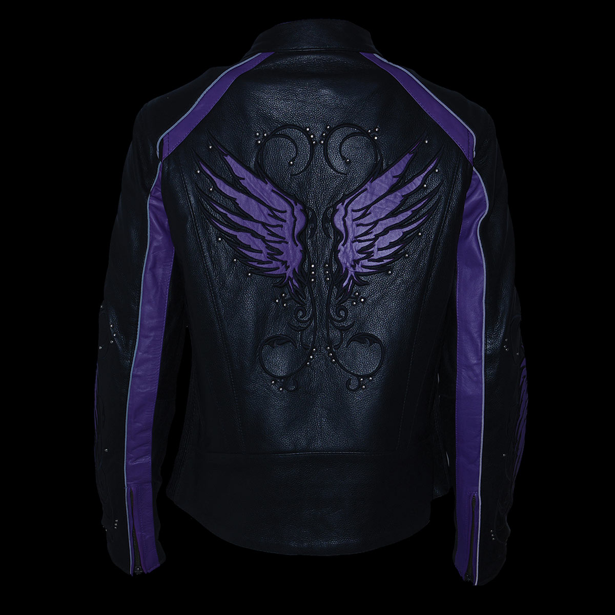ML1952 Women's Black and Purple Embroidered and Stud Design Scooter Jacket