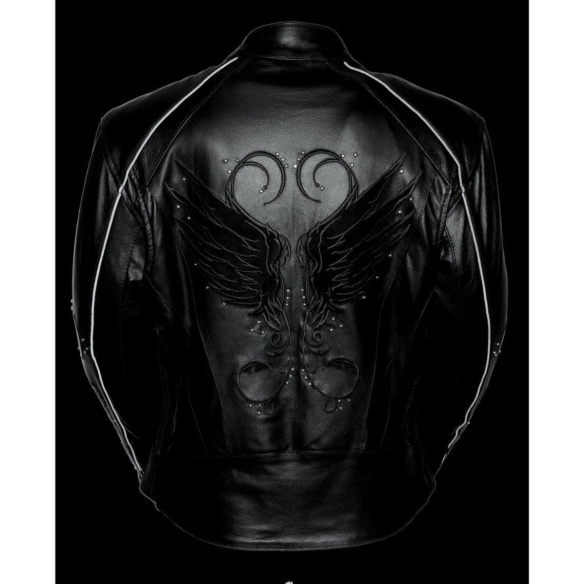 ML1952 Women's Black 'Embroidered Wing and Stud Design' Leather Scooter Jacket