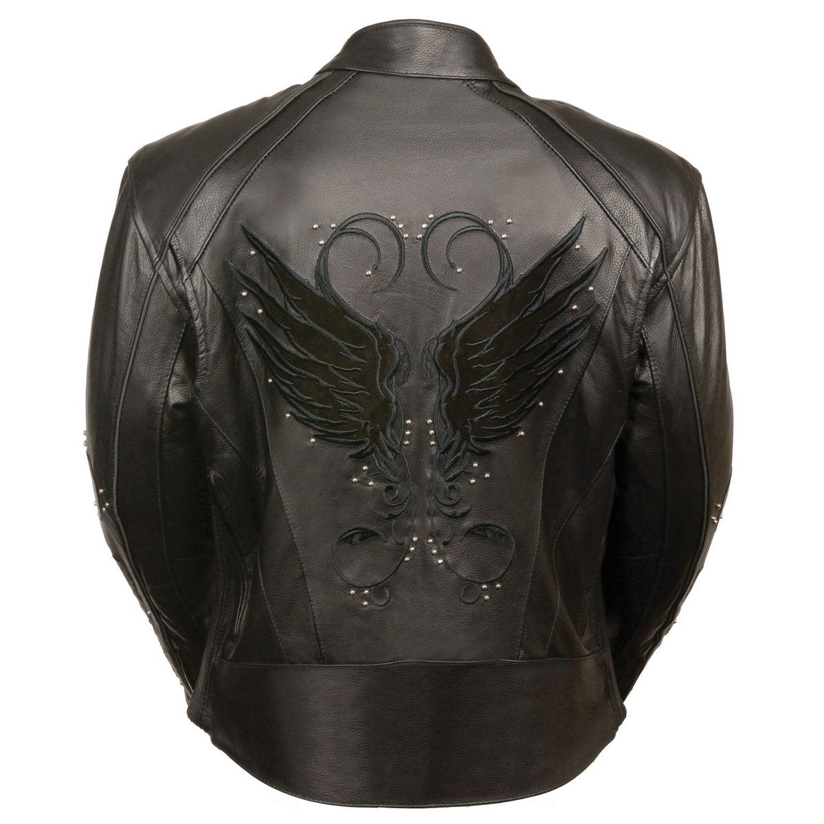 ML1952 Women's Black 'Embroidered Wing and Stud Design' Leather Scooter Jacket