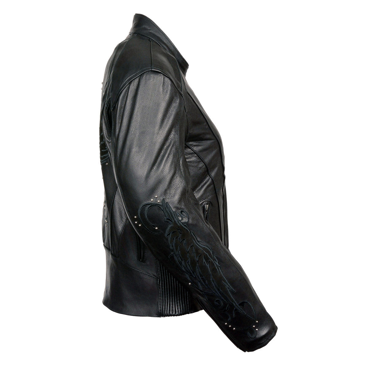 ML1952 Women's Black 'Embroidered Wing and Stud Design' Leather Scooter Jacket