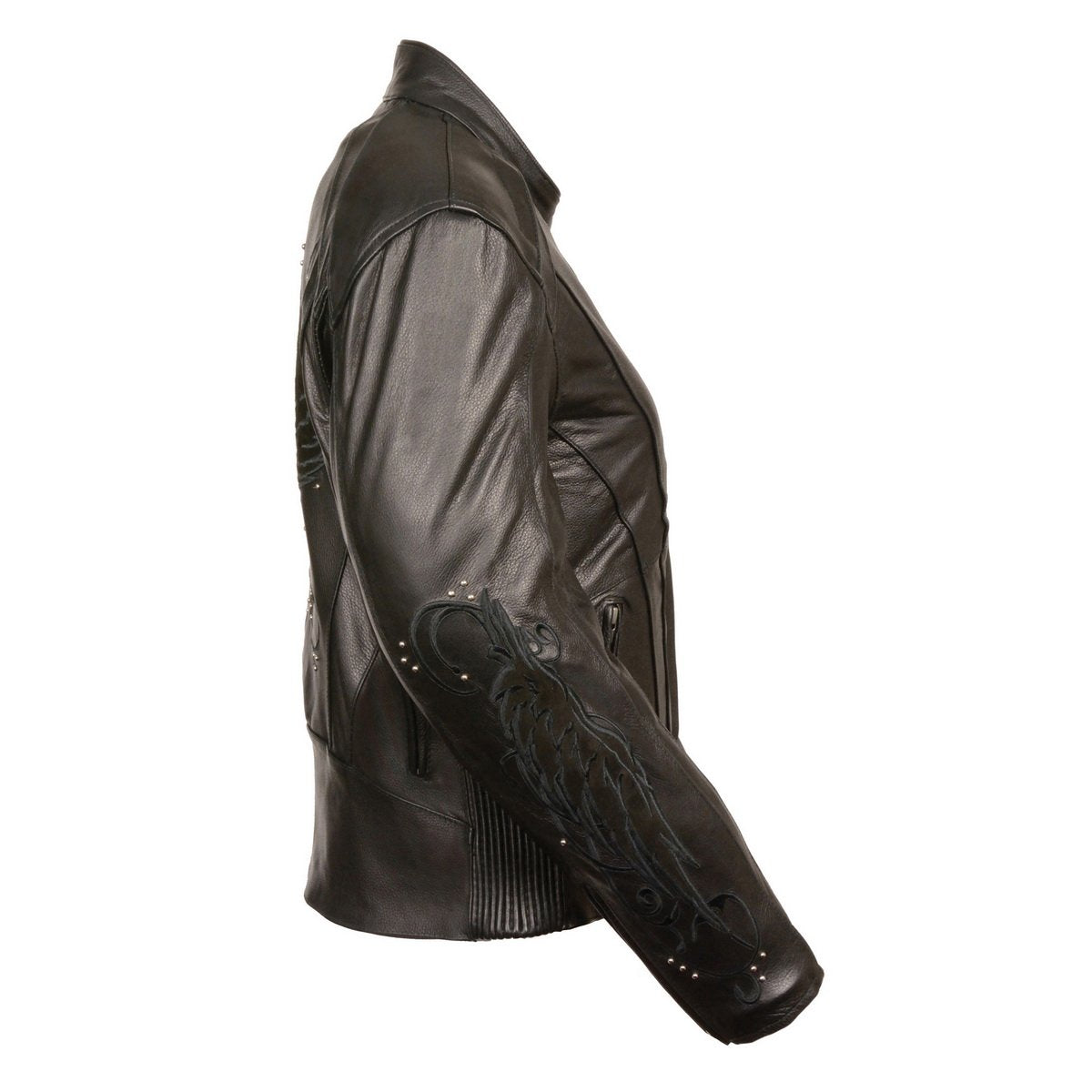 ML1952 Women's Black 'Embroidered Wing and Stud Design' Leather Scooter Jacket