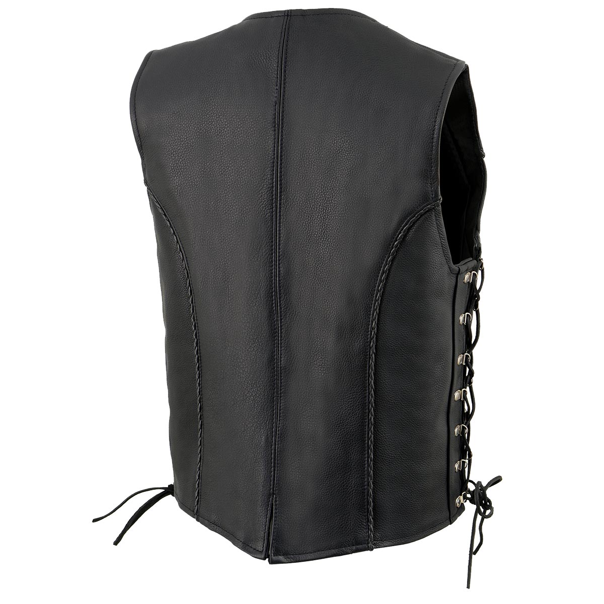 ML2042 Women's Black Braided Premium Leather Motorcycle Rider Vest w/ Side Laces
