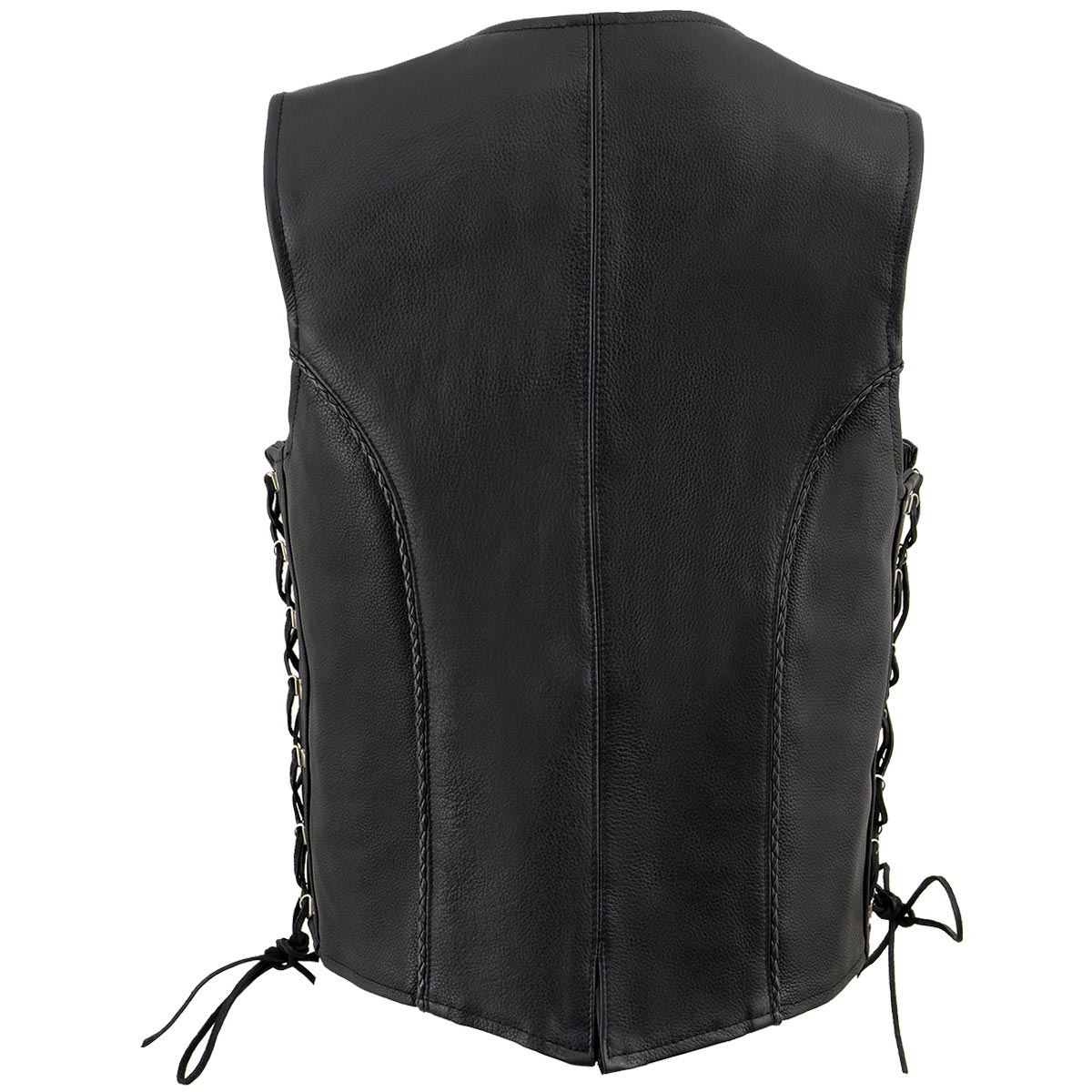 ML2042 Women's Black Braided Premium Leather Motorcycle Rider Vest w/ Side Laces