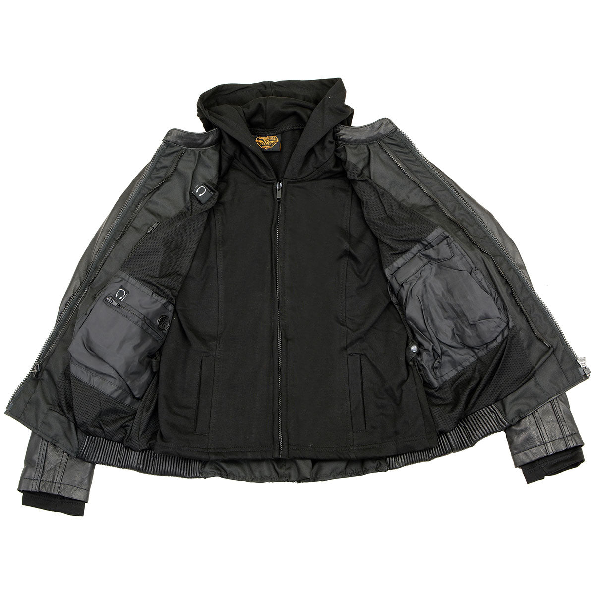 ML2066 Women's 3/4 Black Leather Hoodie Jacket with Reflective Tribal Design