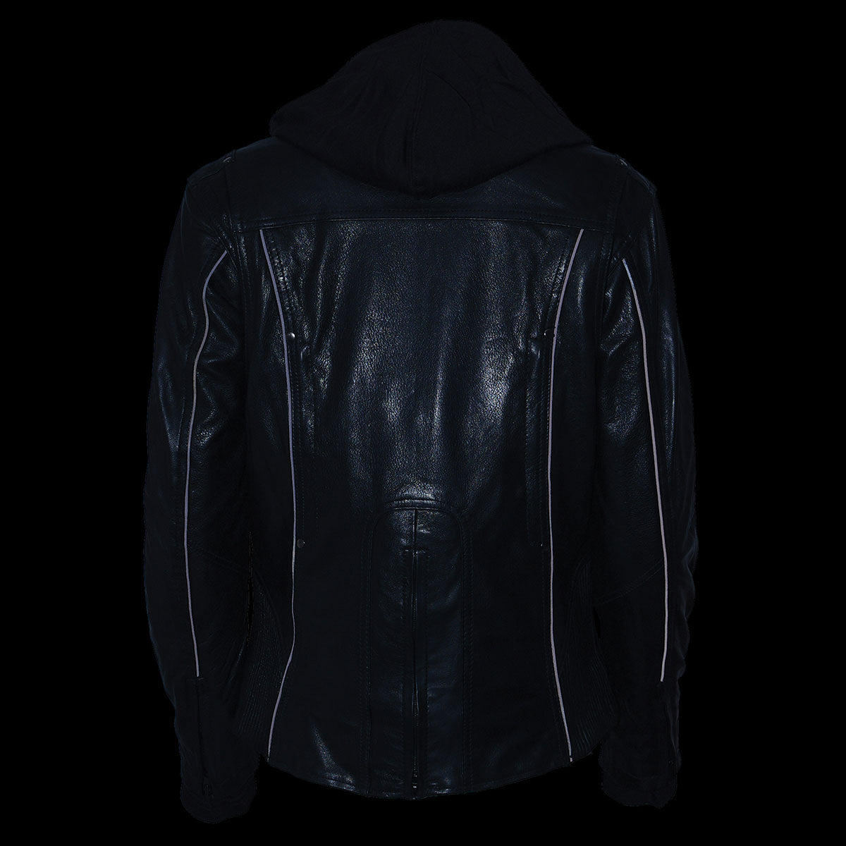 ML2066 Women's 3/4 Black Leather Hoodie Jacket with Reflective Tribal Design