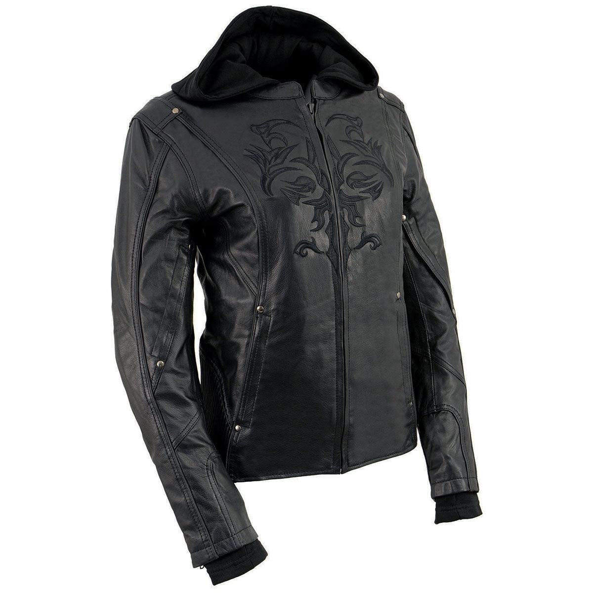 ML2066 Women's 3/4 Black Leather Hoodie Jacket with Reflective Tribal Design