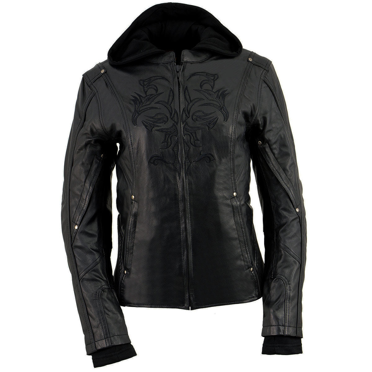 ML2066 Women's 3/4 Black Leather Hoodie Jacket with Reflective Tribal Design