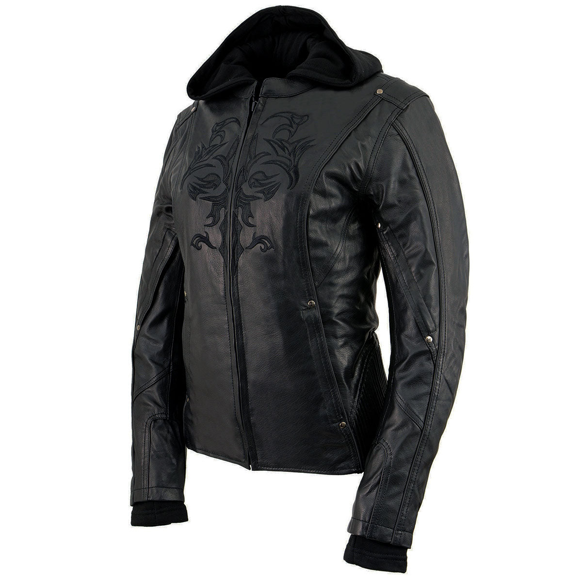 ML2066 Women's 3/4 Black Leather Hoodie Jacket with Reflective Tribal Design